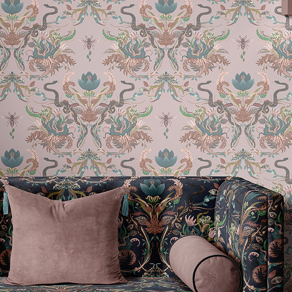 Living Room Wallpaper by Designer Becca Who in Blush Pink