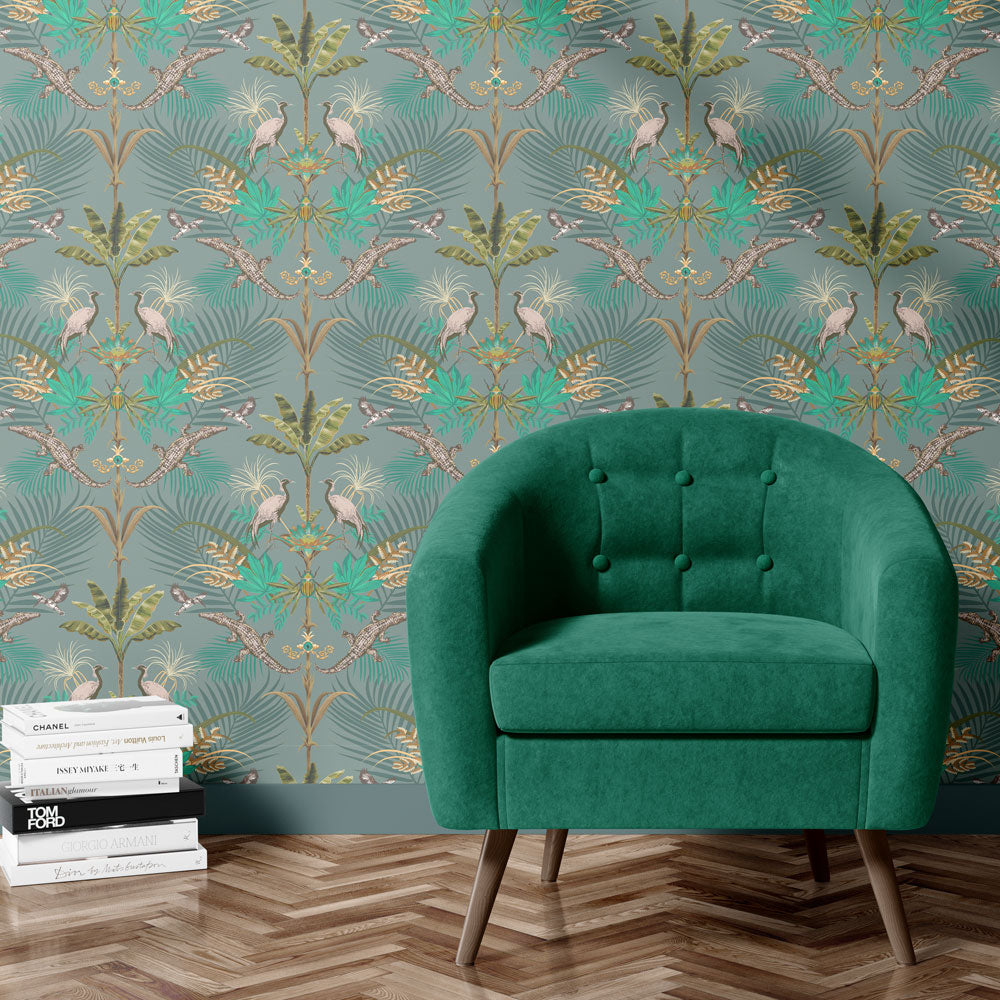Living Room Wallpaper by Designer Becca Who in Green
