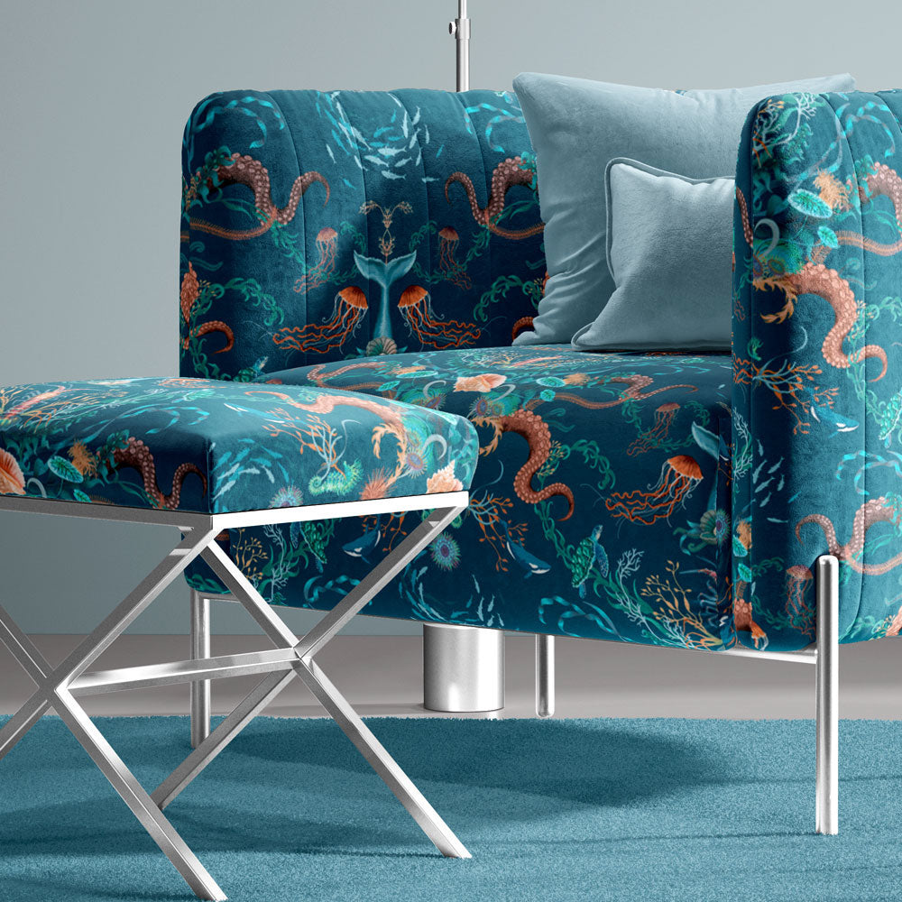 Designer Fabric for Coastal Interior Design in Blue by Becca Who