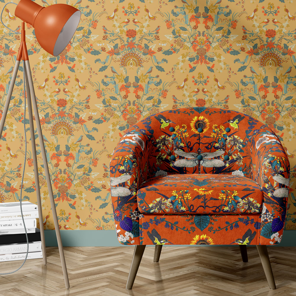 Colourful Fabrics for Interiors and Upholstery Orange Patterned Velvet on Chair with Floral Wildlife by Designer Becca Who