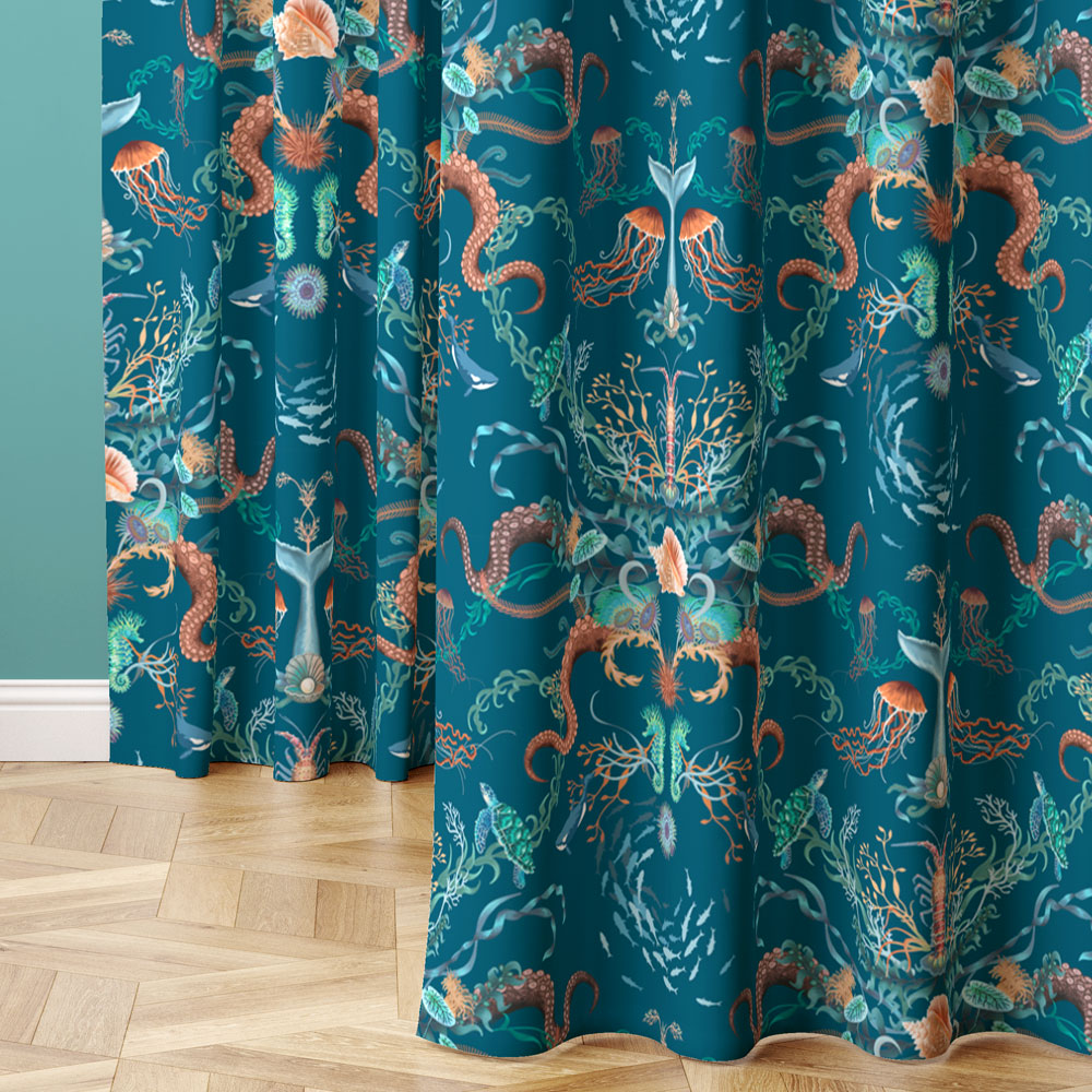Colourful Fabric for Curtains with Ocean patterned Velvet in Blue by Designer Becca Who