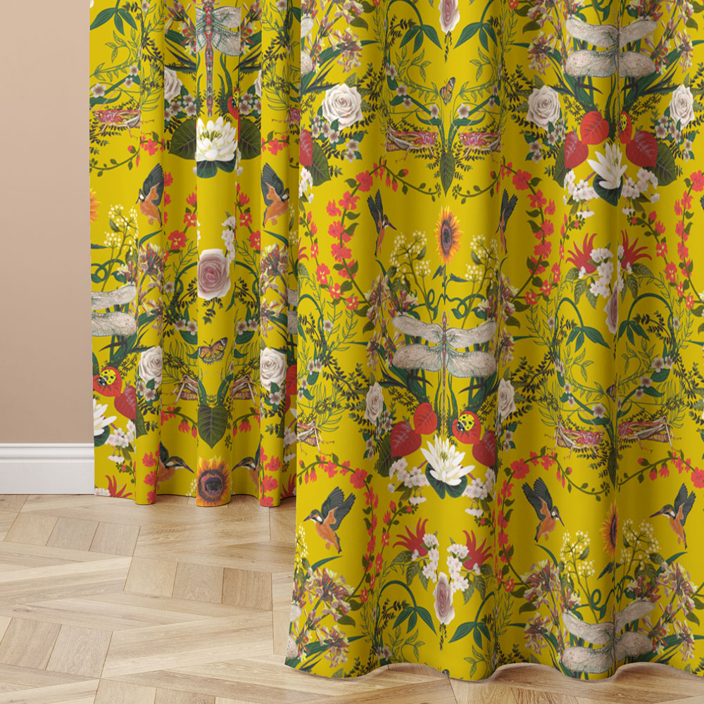 Colourful Curtain Fabric with Yellow wildlife floral patterned velvet by Designer Becca Who