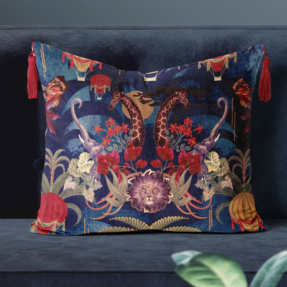 Colourful Fabrics for Home Interiors Scatter Cushion with Patterned Velvet in Blue Animals Print by Designer Becca Who