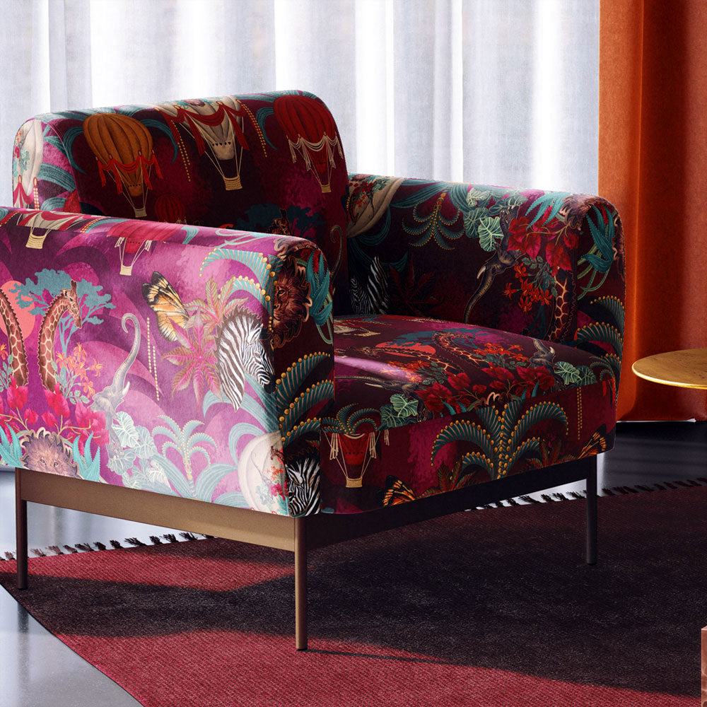 Colourful Upholstery Fabric with Animals Patterned Velvet in Burgundy Red by Designer Becca Who