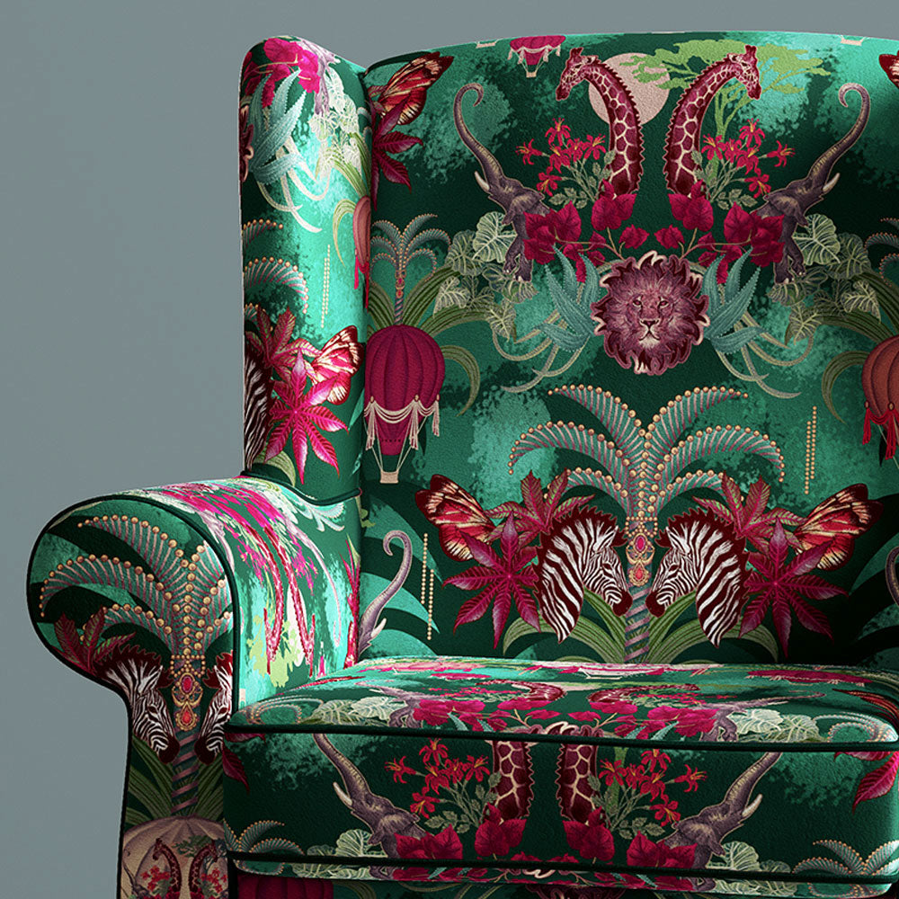 Colourful Upholstery Fabric in Emerald Green on Chair with Balloon Safari Velvet by Designer Becca Who