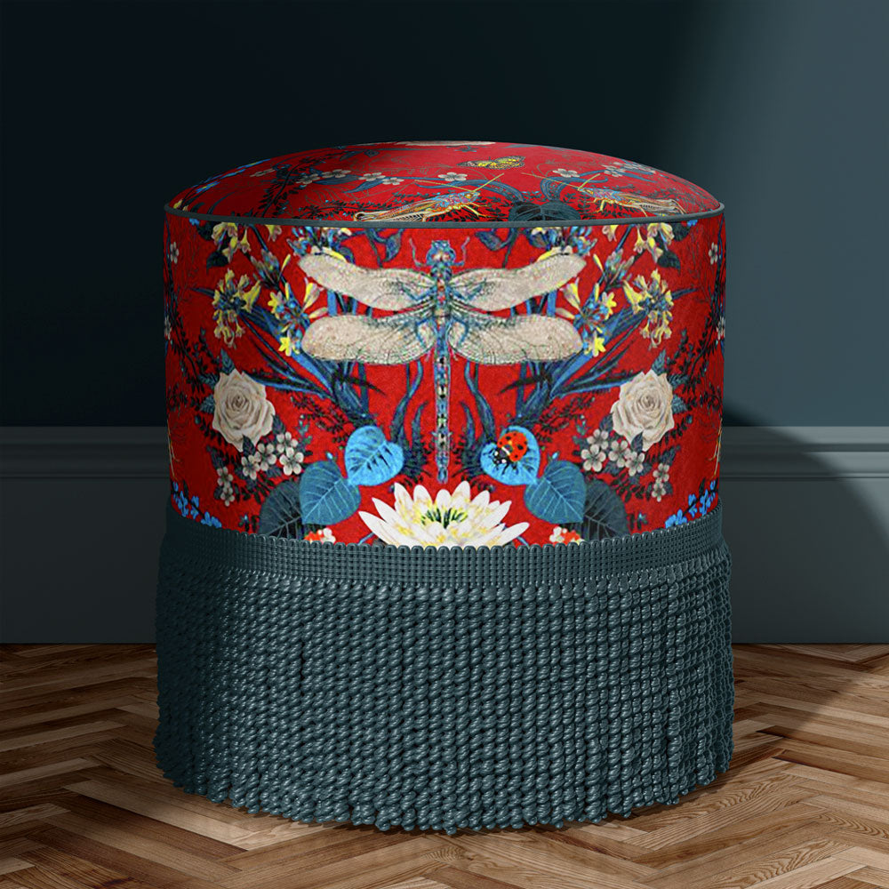Colourful Fabrics for Upholstery Red Patterned Velvet Footstool with Wildlife Floral Print by Designer Becca Who