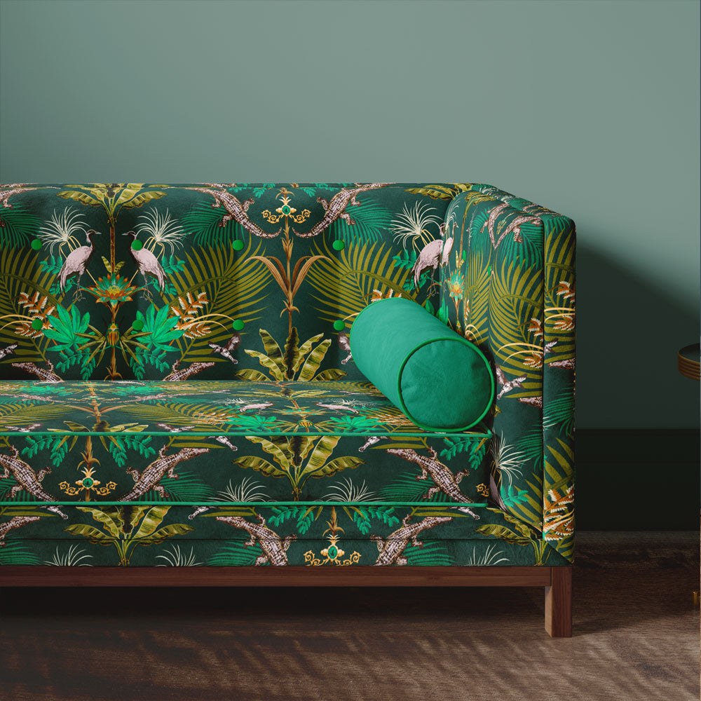 Colourful Fabrics for Upholstery Green Velvet Sofa with Crocodile Bold Patterned Velvet by Designer Becca Who