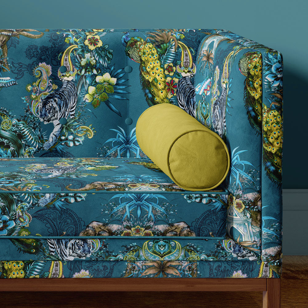Colourful Fabrics for Upholstery Sofa with Teal Patterned Velvet and India Peacock Print by Designer Becca Who