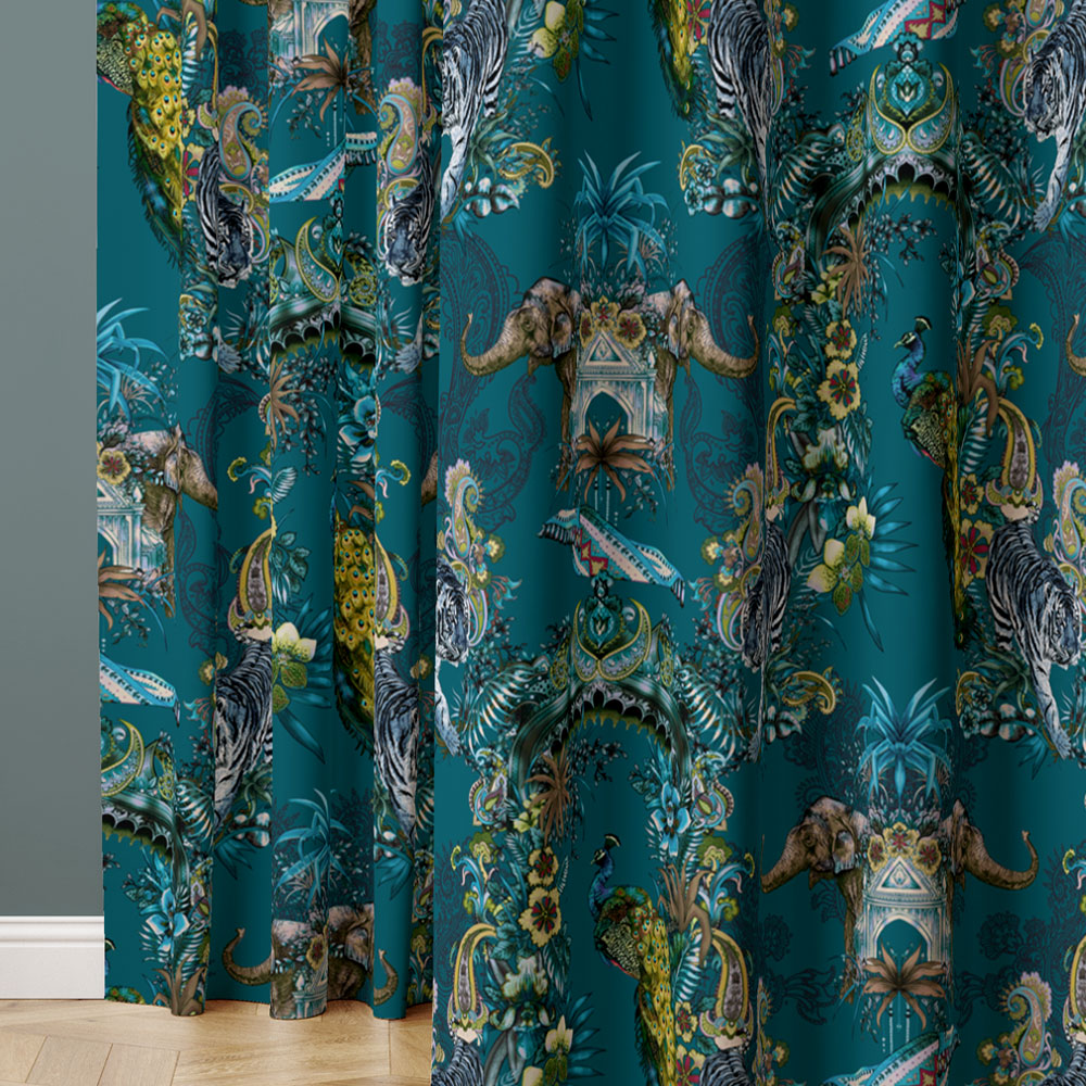 Designer Fabrics for Curtains with Peacock India Print in Teal Blue on Velvet by Becca Who