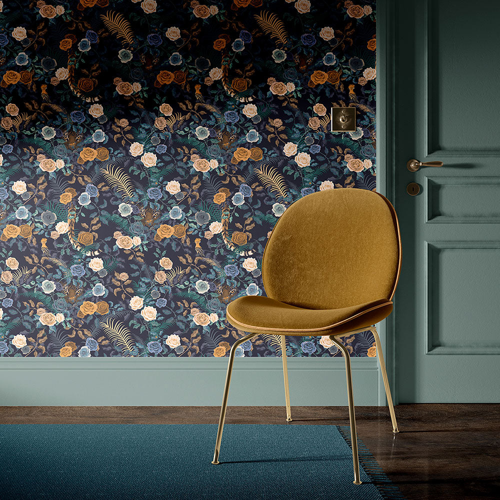 Living Room Feature Wall with Navy Blue bold, patterned floral luxury wallpaper.