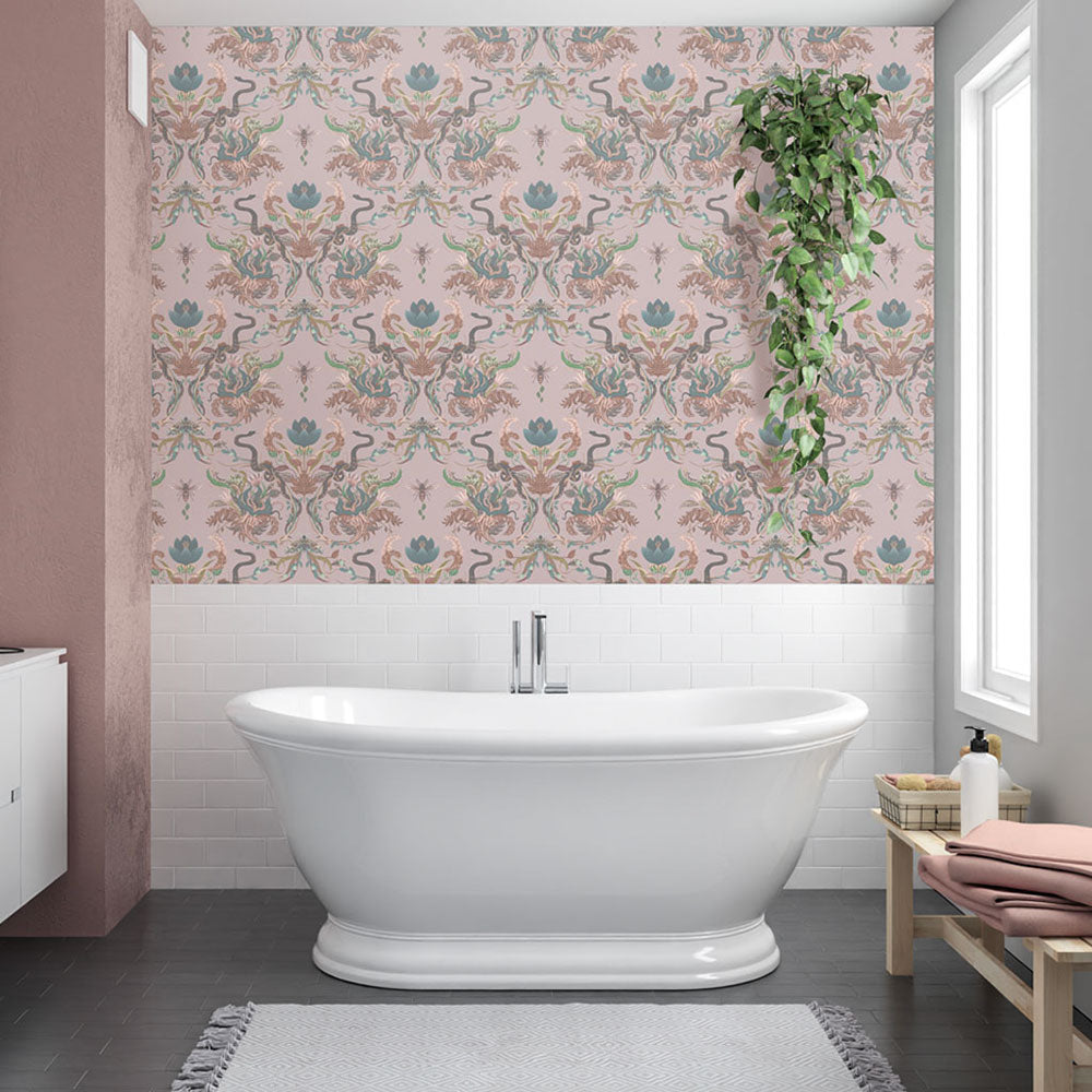 Feature Wall with Patterned Pink Wallpaper in Bathroom by Designer, Becca Who