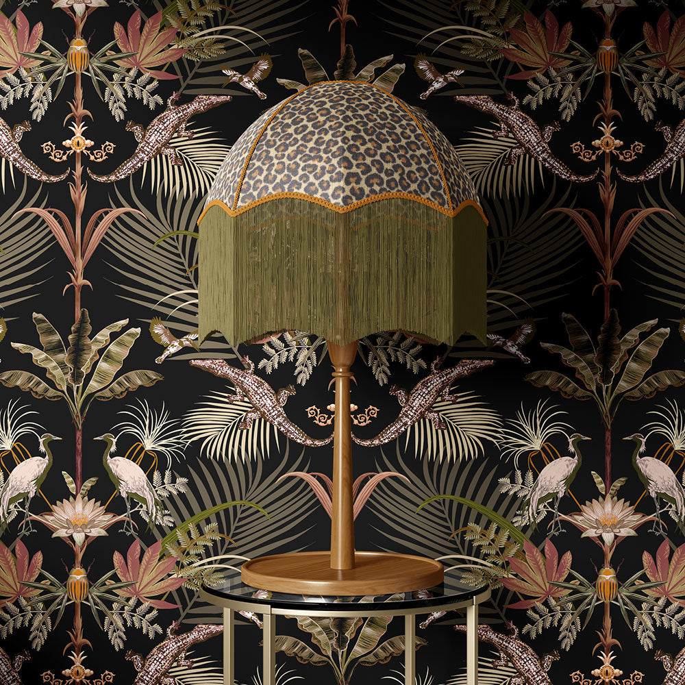 Bold, Dark Patterned Feature Wallpaper in Black and Gold by Designer Becca Who