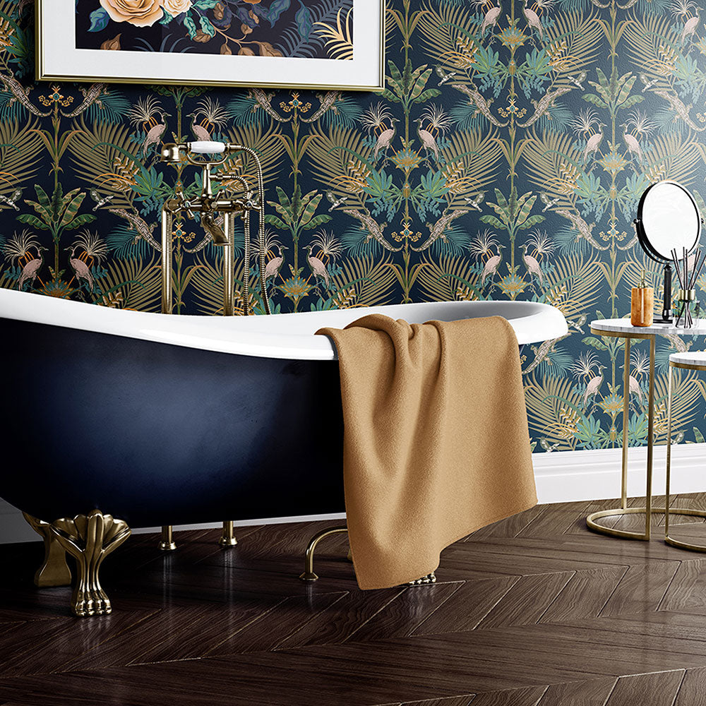 Feature Wallpaper in Bathroom with Bold Dark Blue Pattern by Designer Becca Who