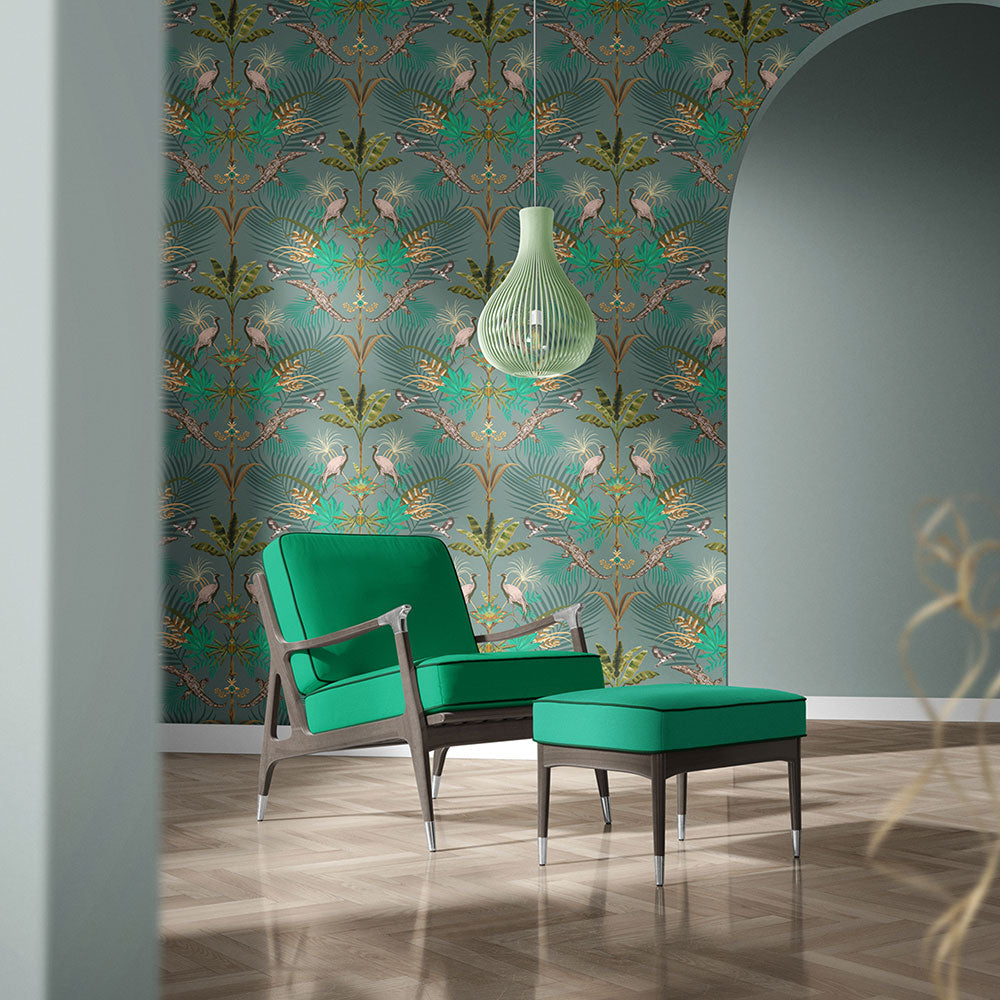 Feature Wallpaper in Green with Bold Pattern by Designer Becca Who