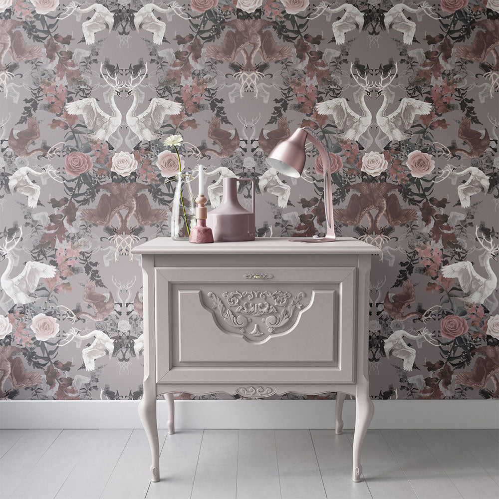 Feature Wall with Pastel Pink Wallpaper with Floral Swans Design by Becca Who