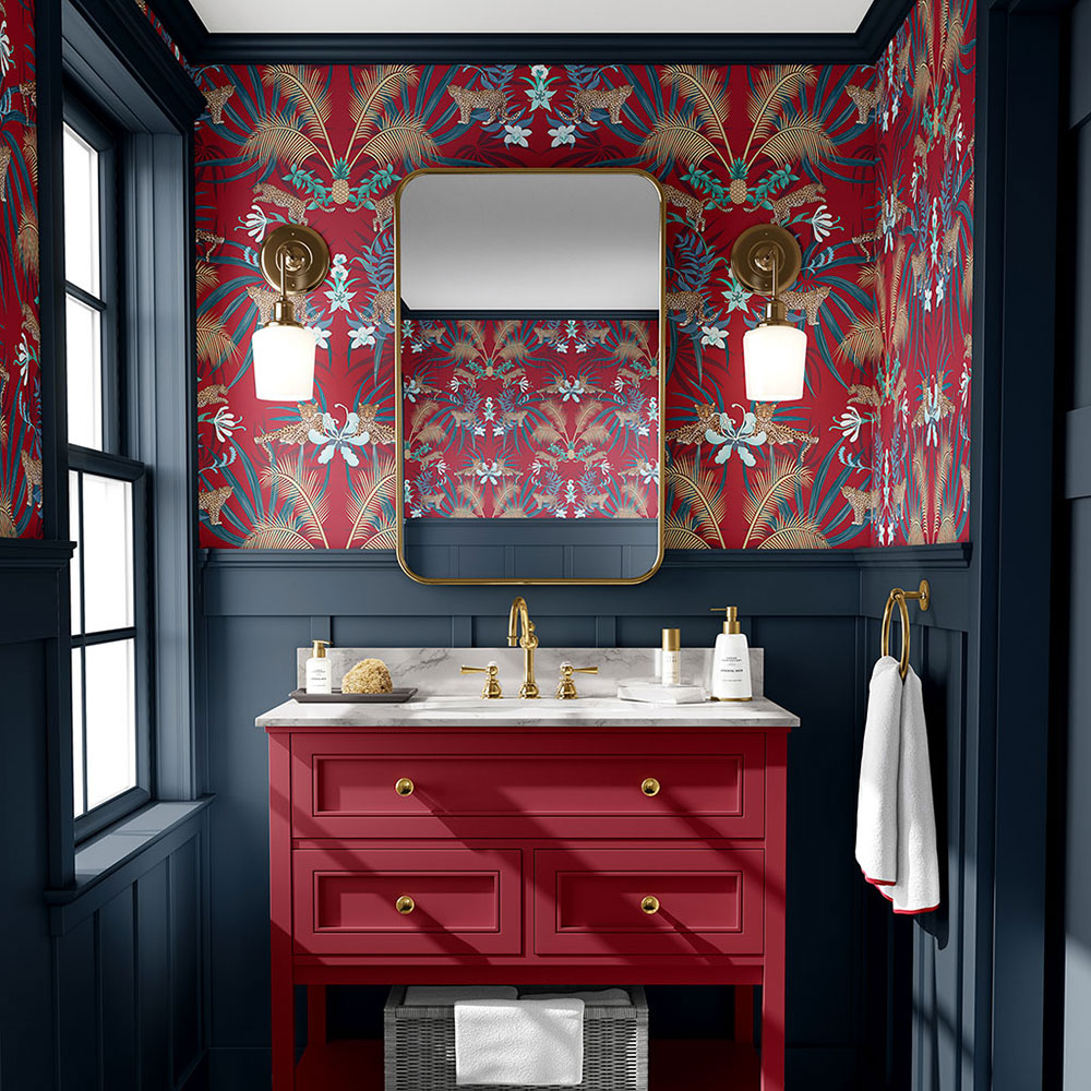 Feature Wallpaper in bold red design in Powder Room by Designer, Becca Who