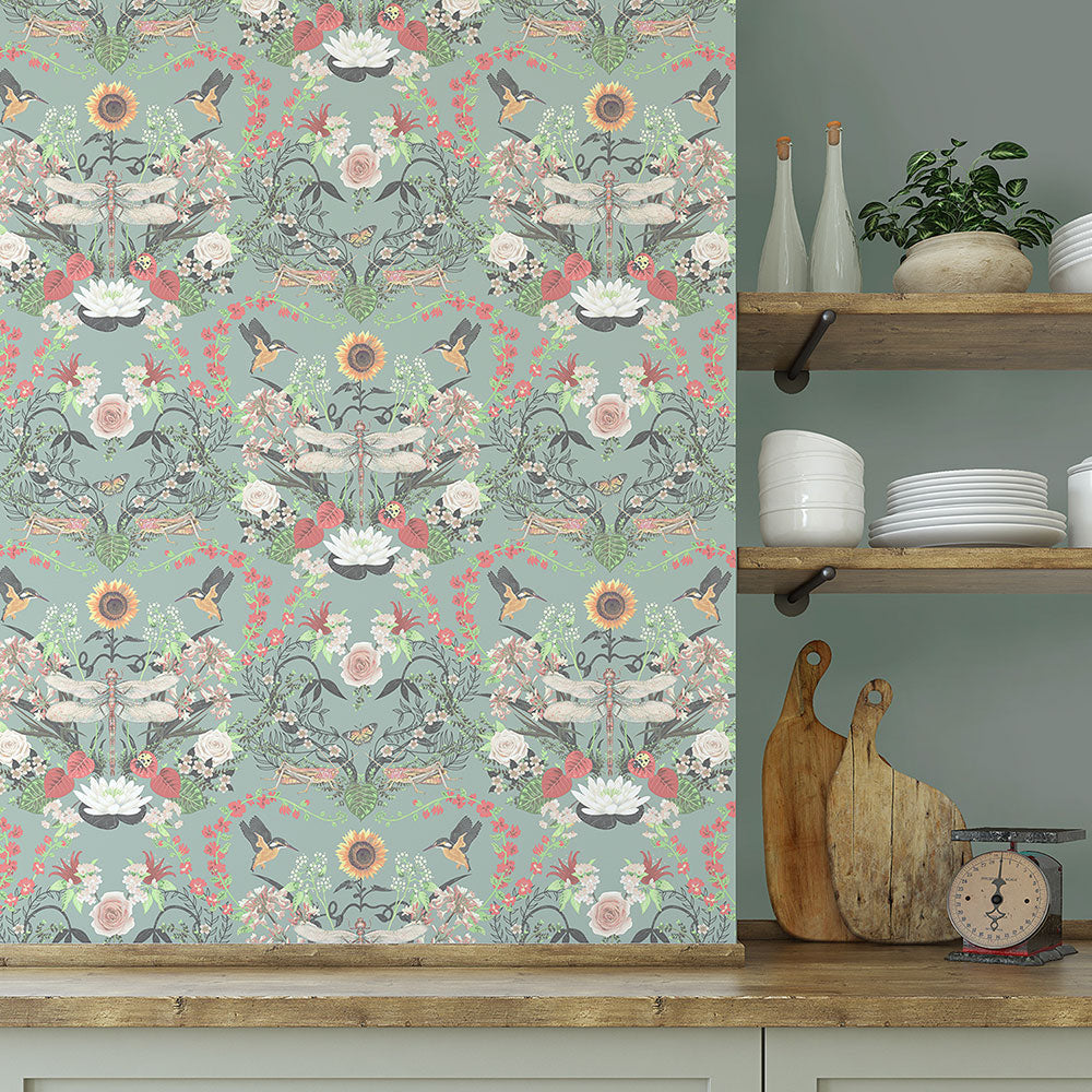 Feature Wall in Vintage Style Kitchen with Soft Green Wallpaper by Designer, Becca Who