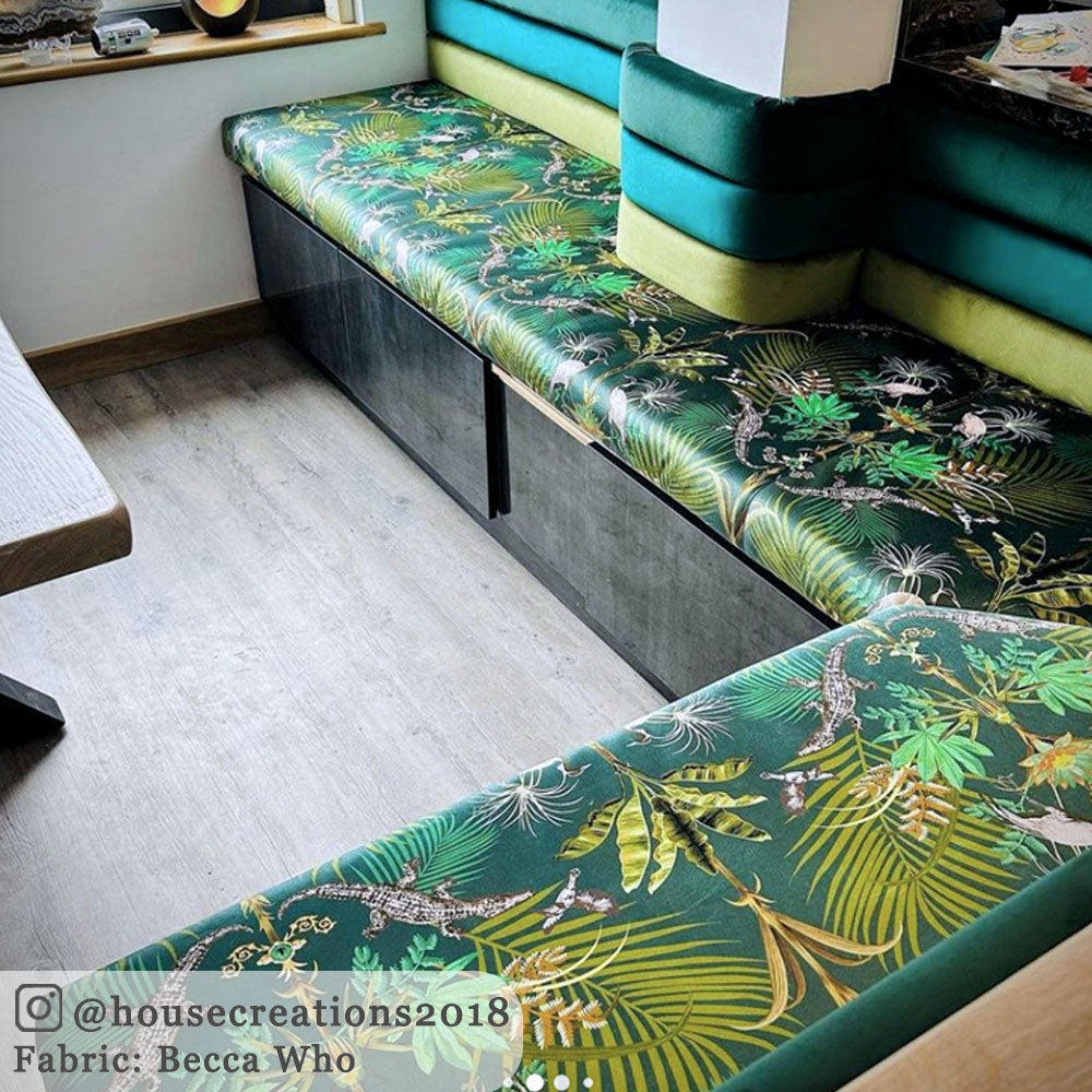 Green Decor with Green Patterned Fabric for Upholstery by Designer, Becca Who