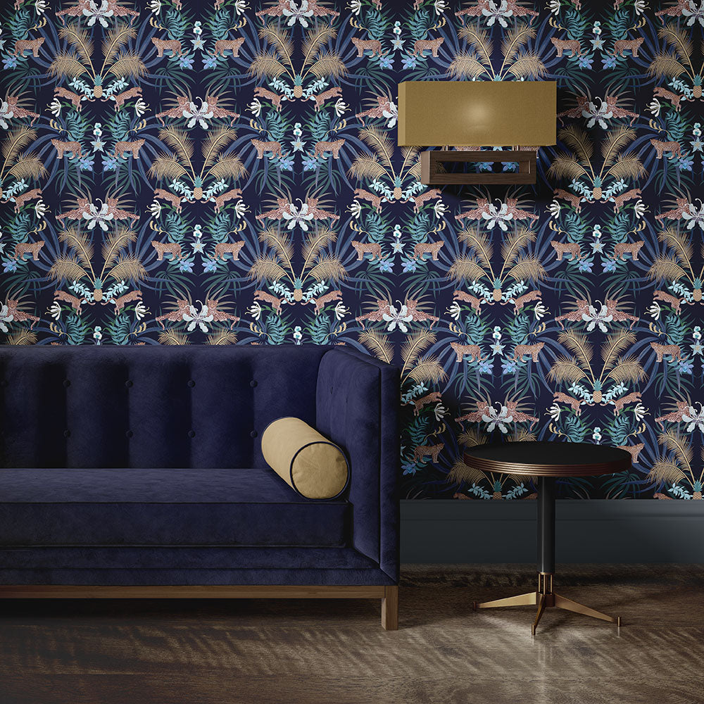 Leopard Luxe patterned wallpaper navy and gold by designer Becca Who