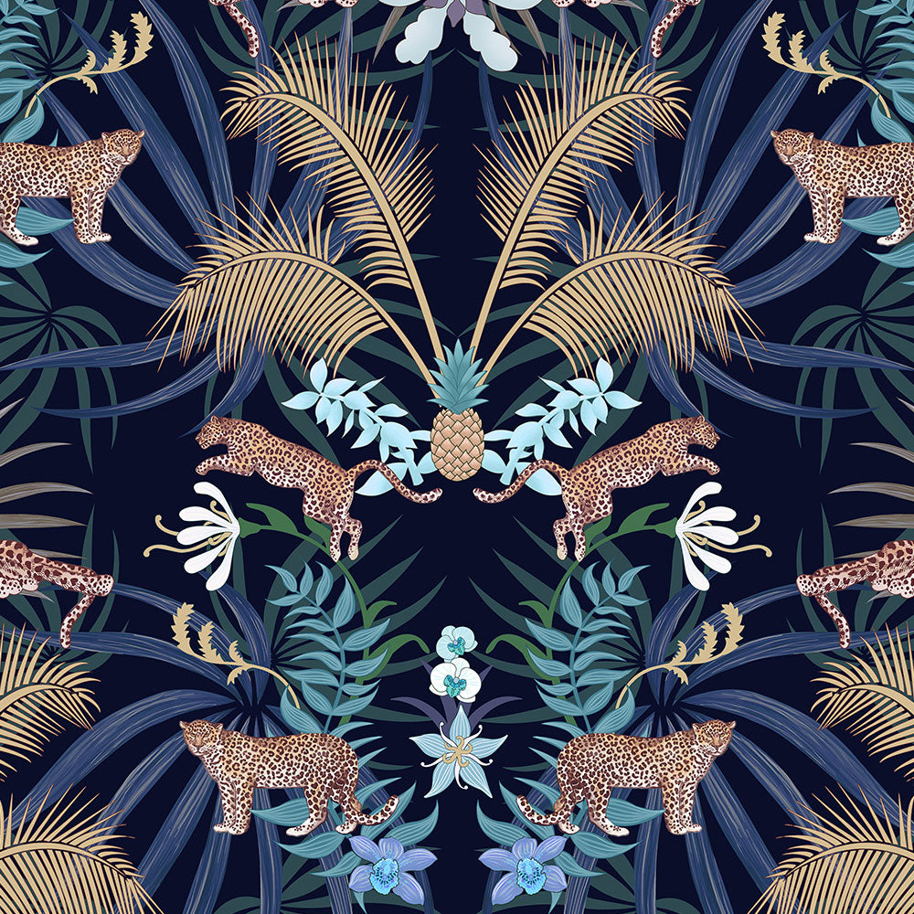 Leopard Wallpaper Design in Navy and Gold by Becca Who