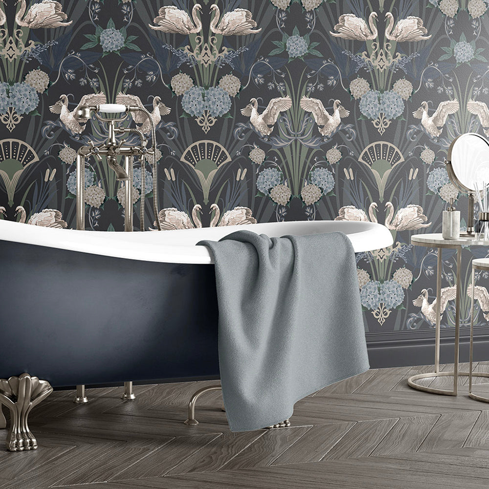 Art Deco Inspired Wallpaper, Deco Swan, in Midnight Blue Colour Way
