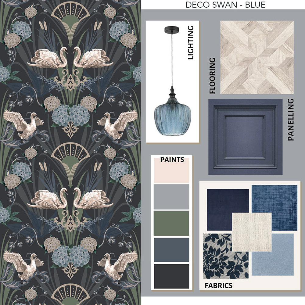 Art Deco Inspired Wallpaper, Deco Swan, in Midnight Blue, by Designer, Becca Who