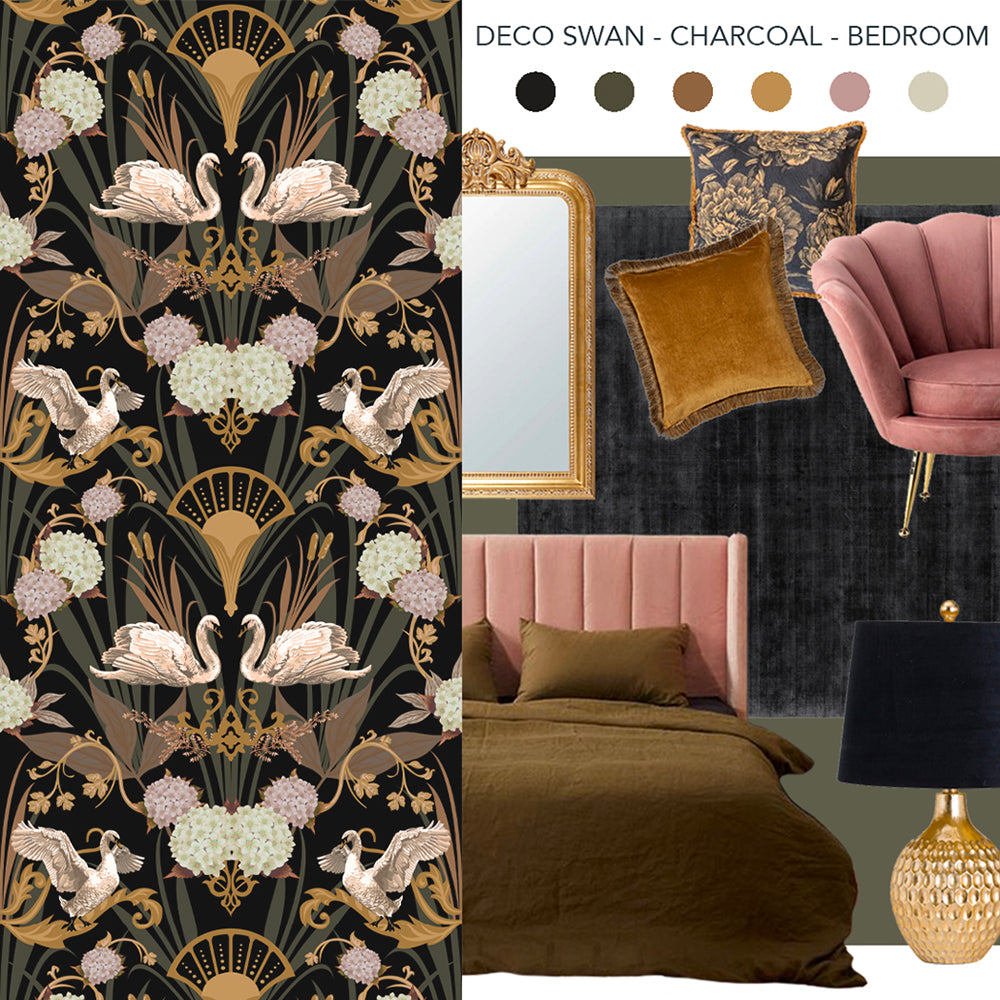 Art Deco Inspired Wallpaper Deco Swan in Charcoal, Gold & Blush Pink by Becca Who