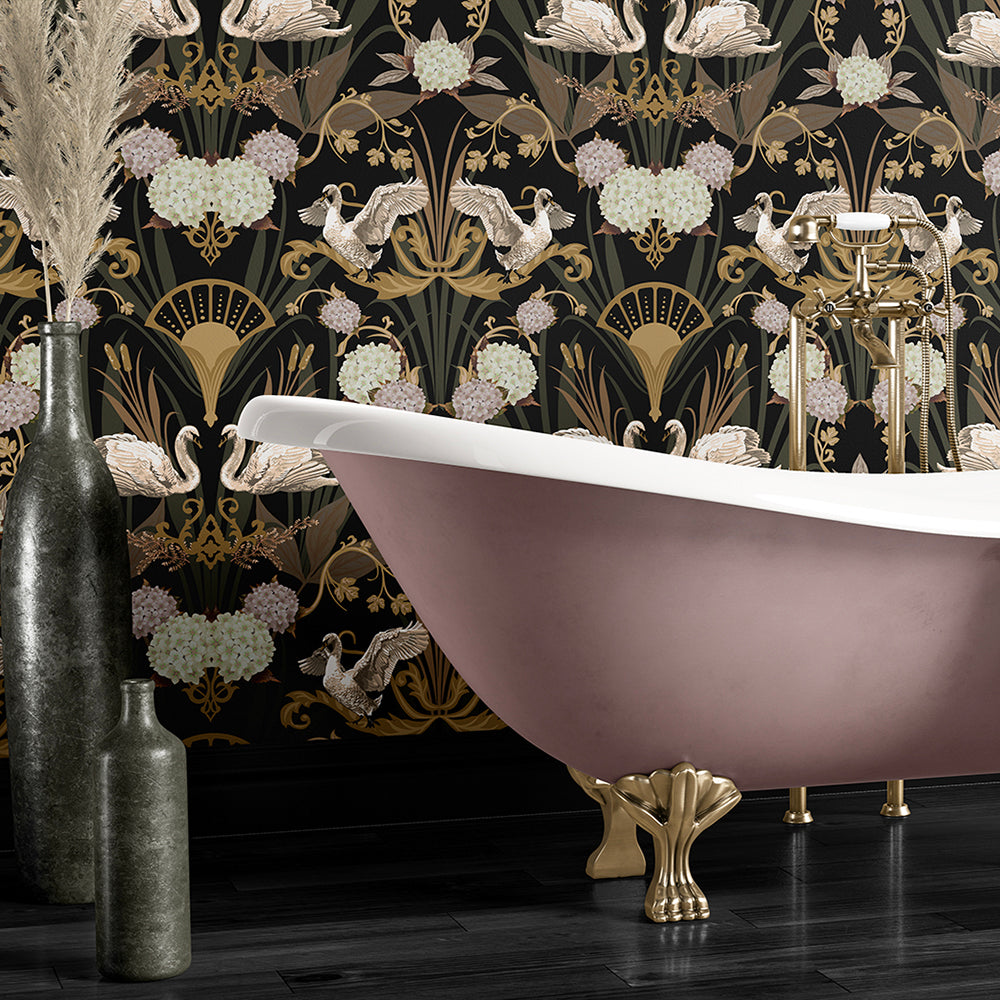 Art Deco Inspired Wallpaper, Deco Swan, in Charcoal, Gold & Blush Pink