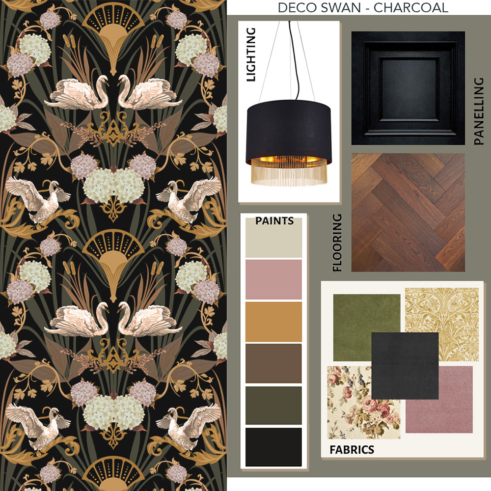 Art Deco Inspired Wallpaper by Designer Becca Who, with Swans