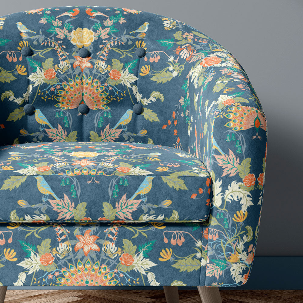 Luxury Upholstery Fabric inspired by Nature Blue Floral with Birds Print by Designer, Becca Who 