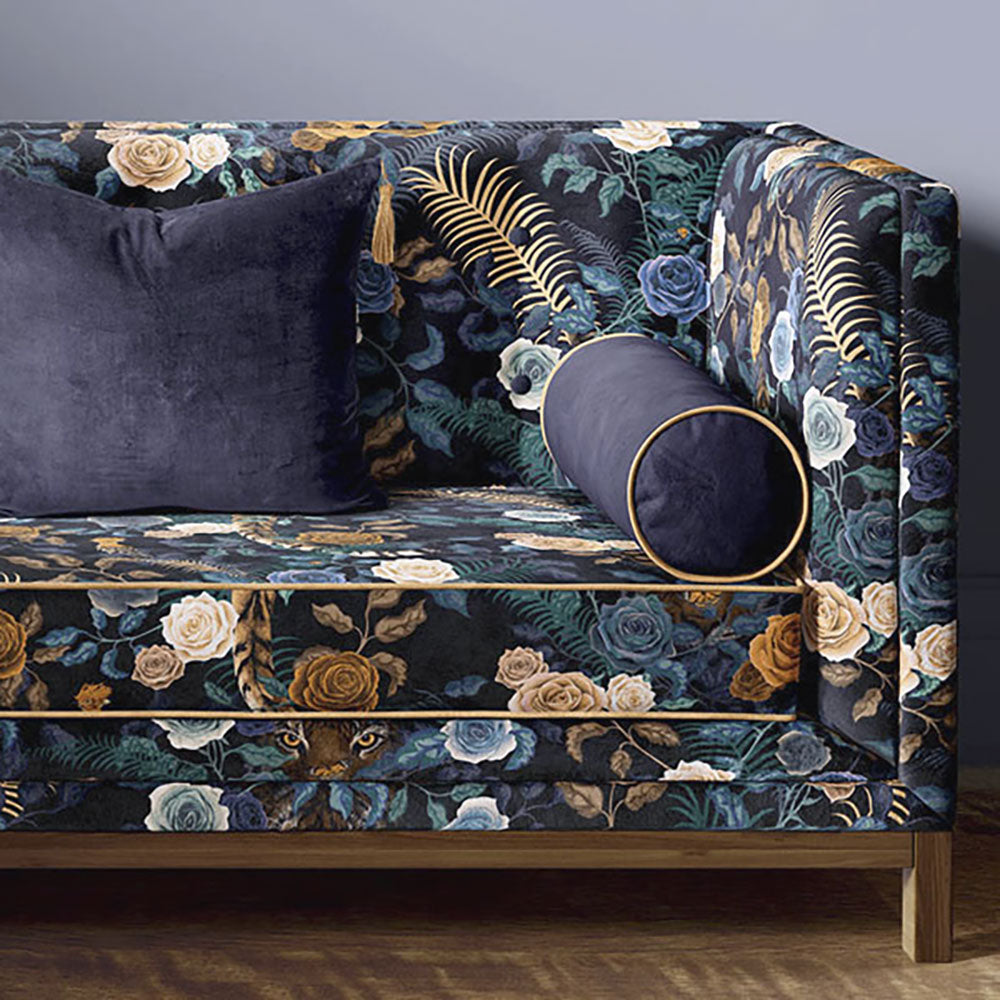 Luxury Upholstery Fabric inspired by Nature Dark Blue Floral with Tiger by Designer, Becca Who 