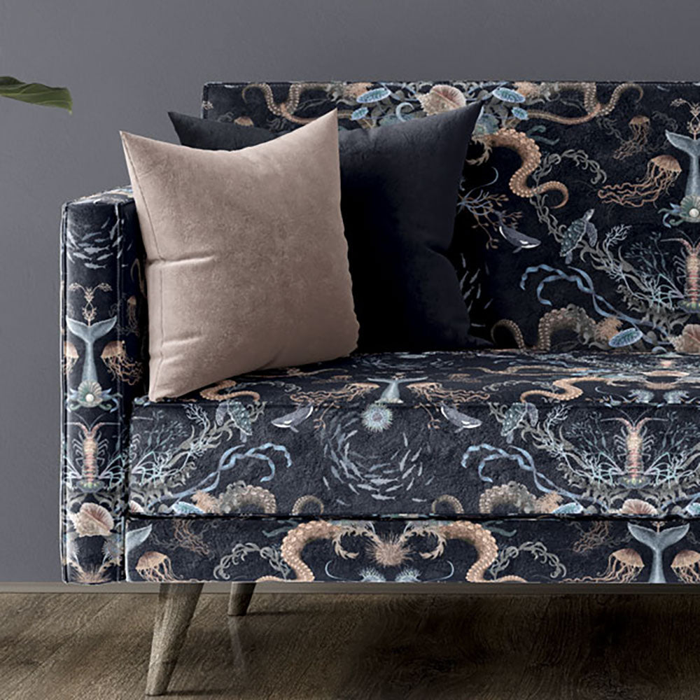 Luxury Upholstery Fabric inspired by Nature Blue Ocean Print for Coastal Interiors by Designer, Becca Who 