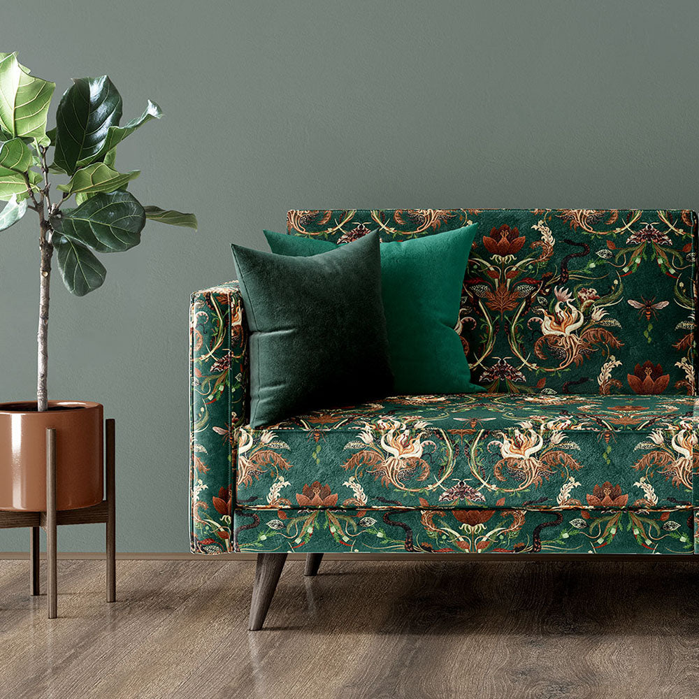 Luxury Upholstery Fabric inspired by Nature Green Leafy Forest with Snakes by Designer, Becca Who 