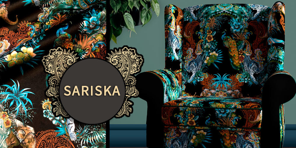 Sariska colour way of Magic Of India Velvet interiors fabric by British Designer, Becca Who