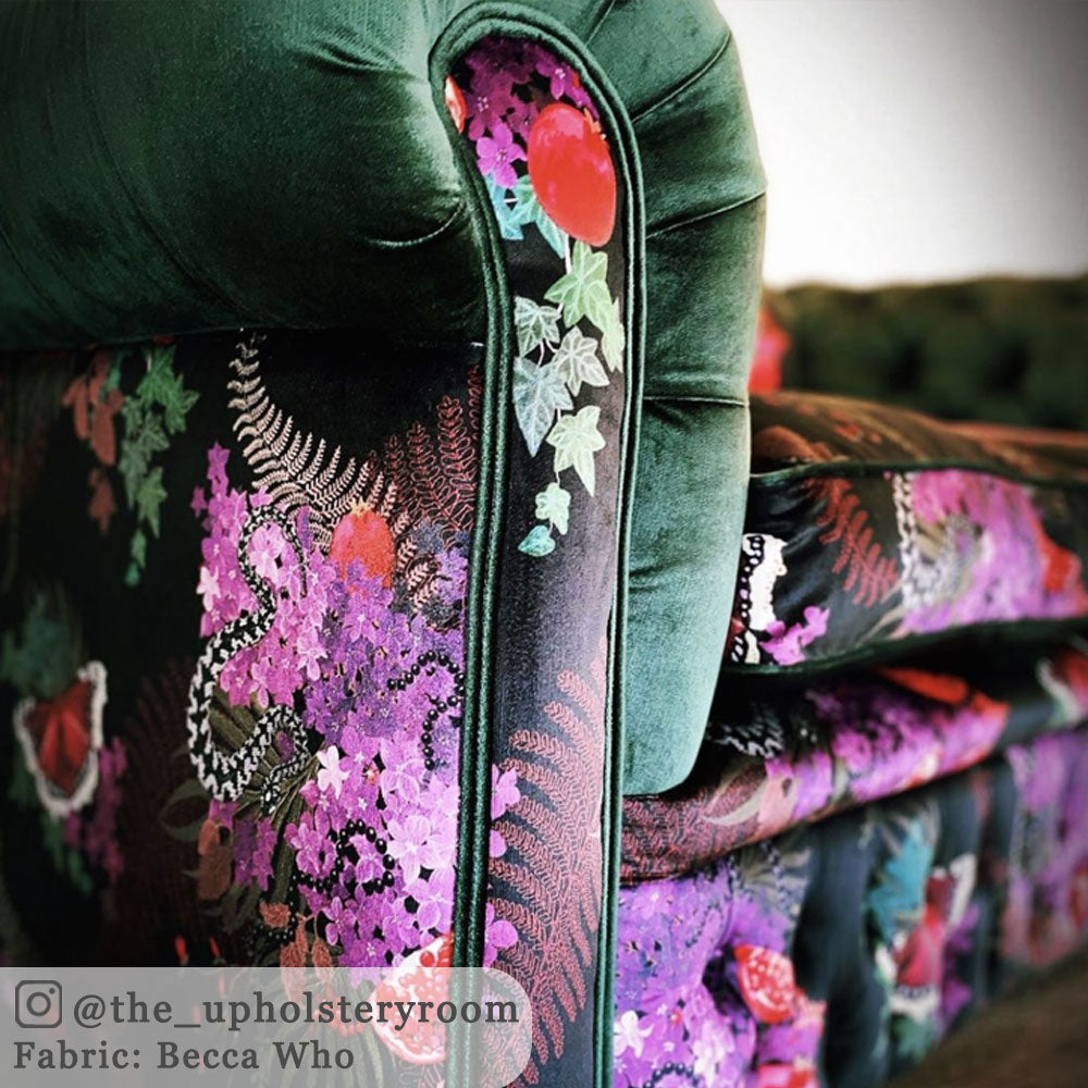 Velvet Upholstery Fabric by Designer, Becca Who, on Chesterfield Sofa