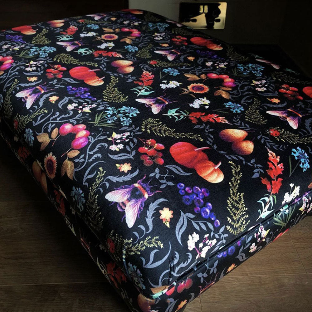 Velvet Upholstery Fabric on Patterned Footstool by Designer, Becca Who