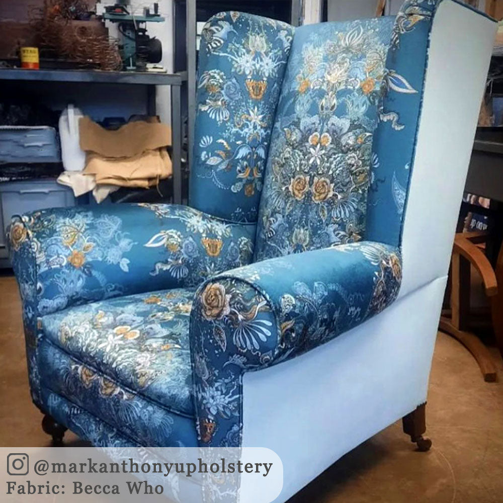 Velvet Upholstery Fabric by Designer, Becca Who, on Wingback Chair with Blue Pattern