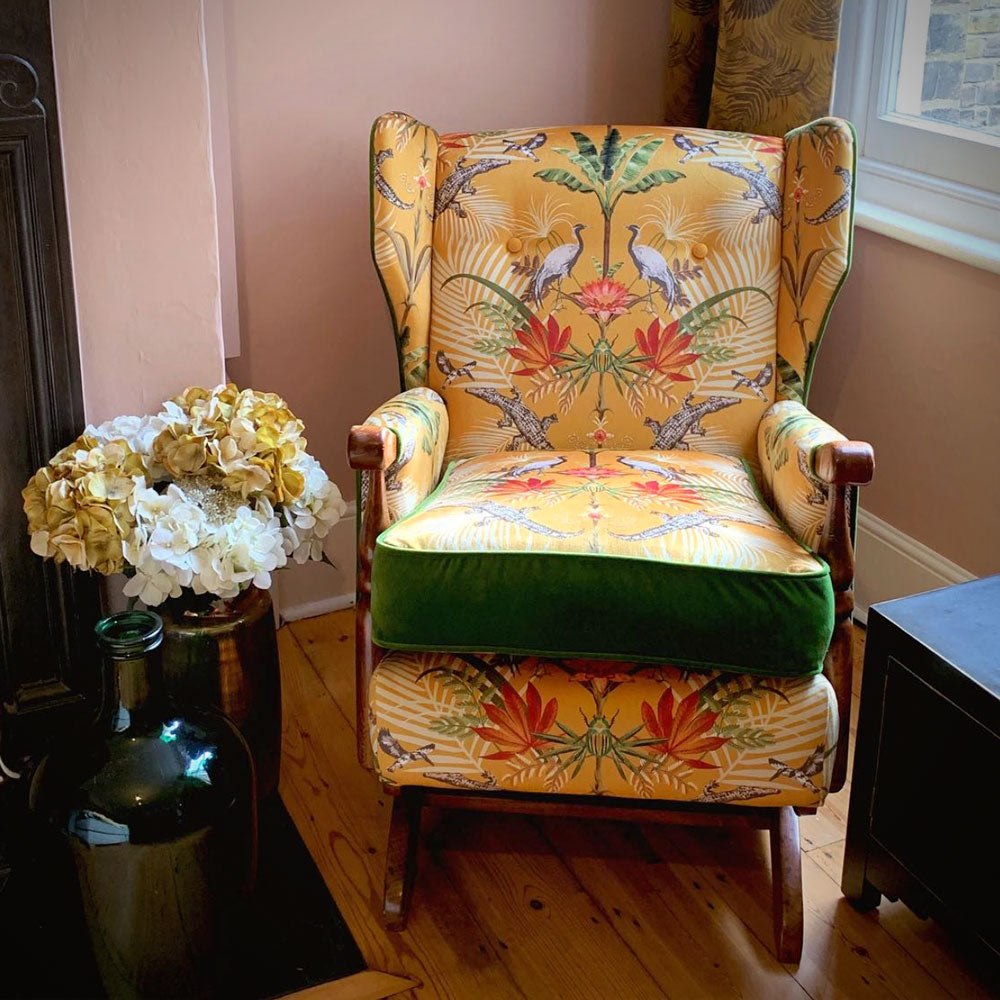 Yellow Crocodilia Velvet Fabric by Designer, Becca Who upholstered on Rocking Chair by Unseen Icons