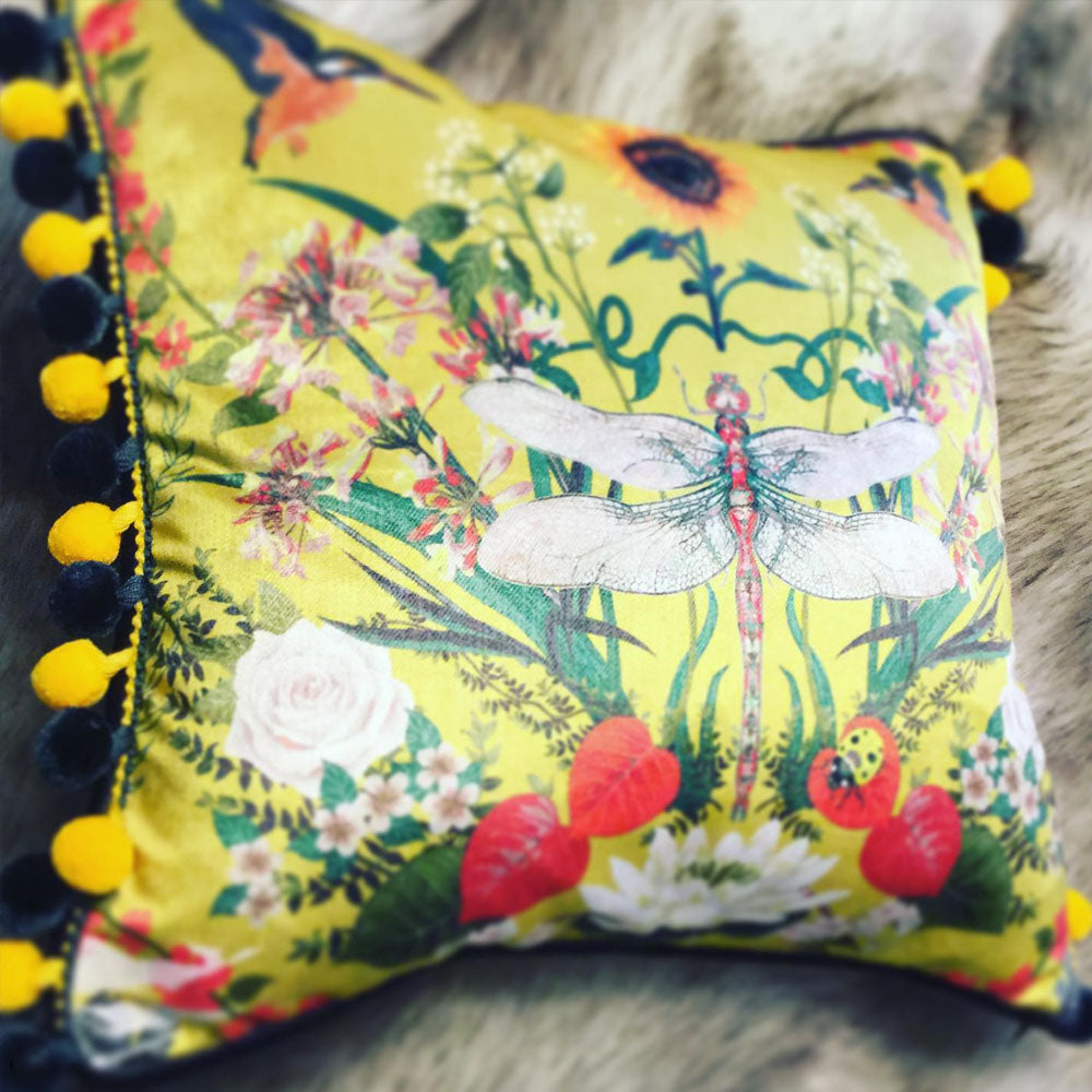 Bright Yellow Fabric with Dragonfly by Designer, Becca Who on Velvet Cushion by SoSo Designs
