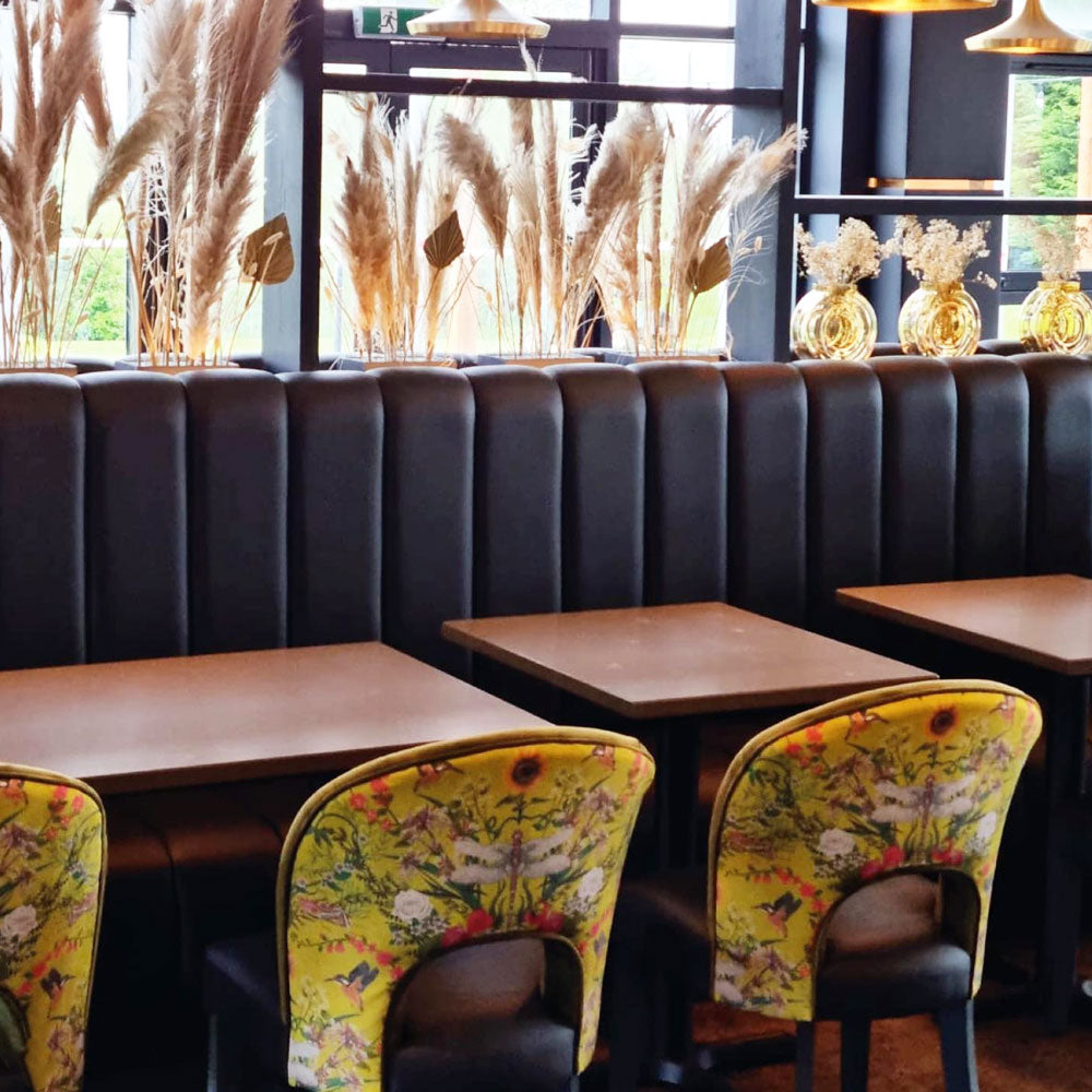 Yellow Velvet Fabric by Designer, Becca Who, on restaurant seating by RCJ Concepts