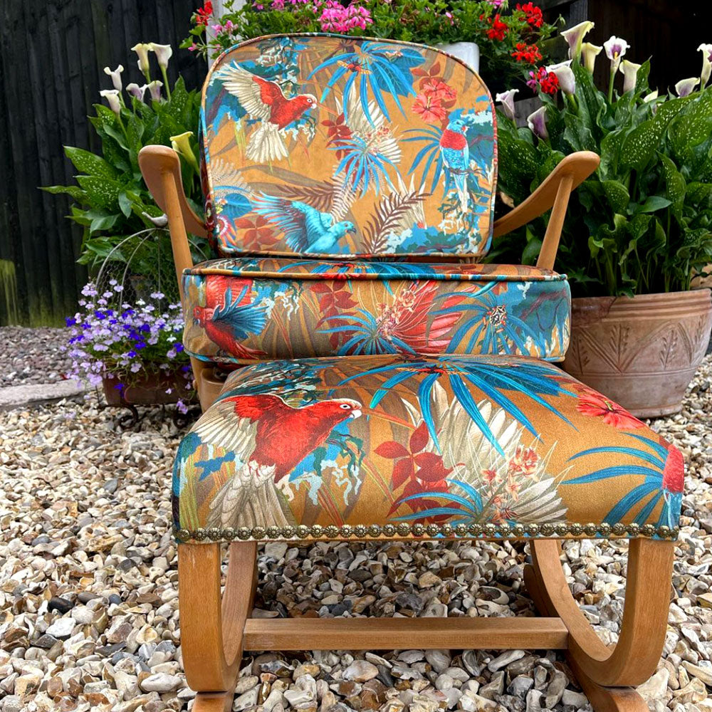 Mustard Yellow Fabric with Rainforest Birds by Designer, Becca Who on Chair and Footstool by Pigsty Upholstery & Interiors