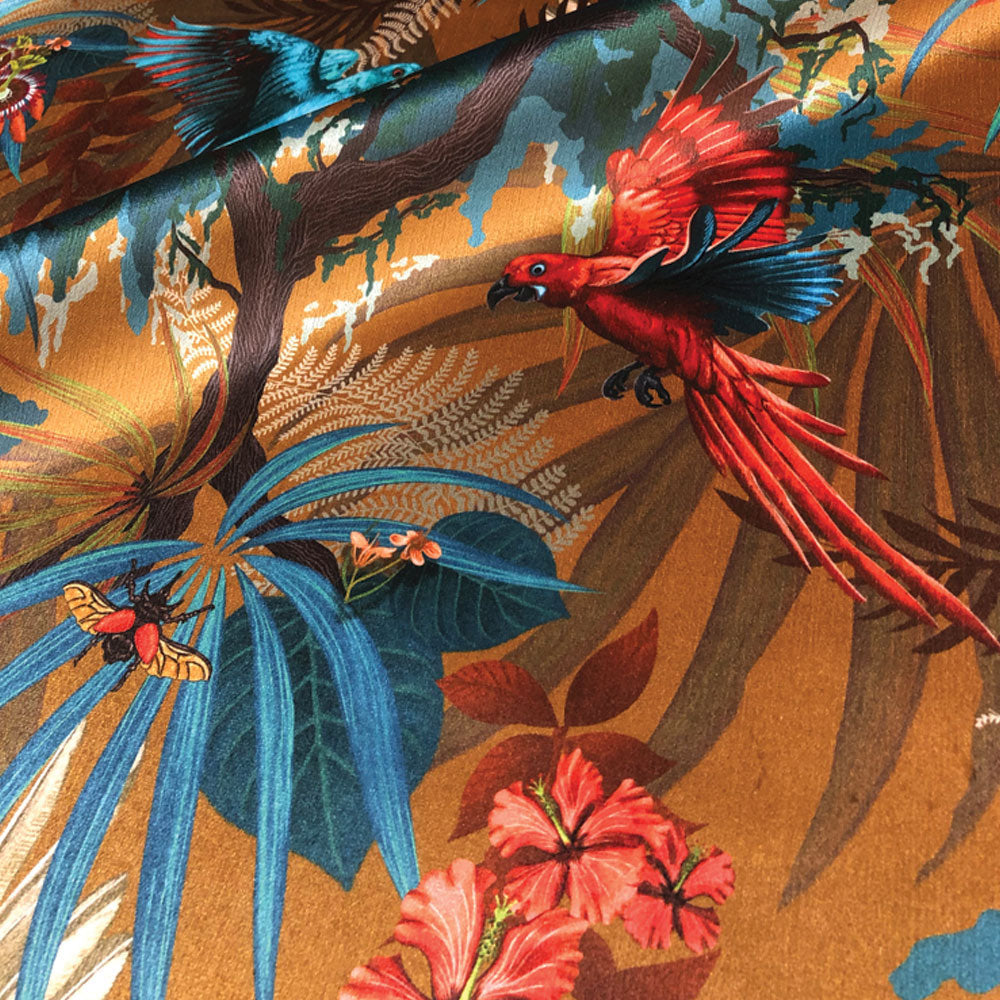 Yellow Mustard Patterned Velvet Fabric with Rainforest Birds by Designer, Becca Who