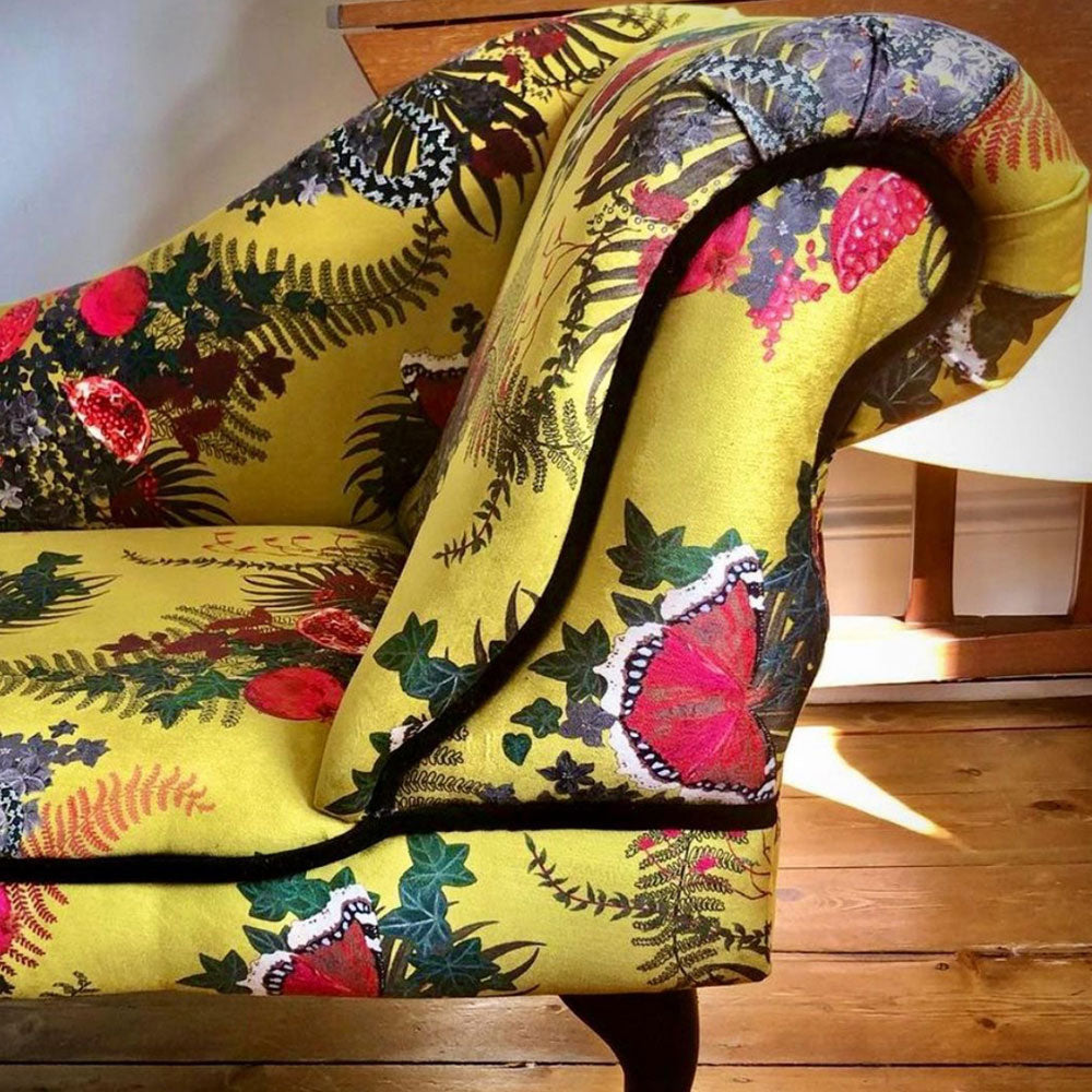 Yellow Fabric Forbidden Fruit in Ochre for Interiors, Upholstery & Furnishings by Designer, Becca Who