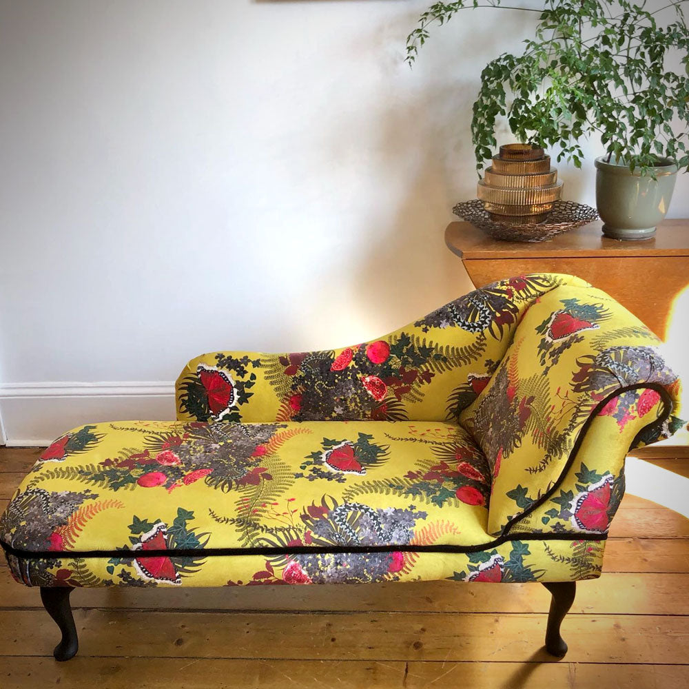 Yellow Fabric with Snakes by Designer, Becca Who on Chaise Longue by Seated Studio