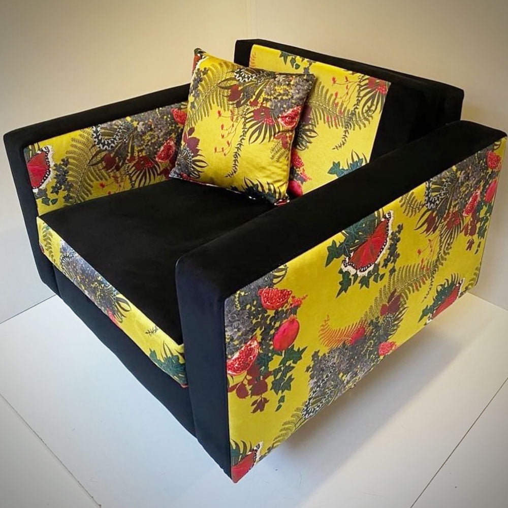 Yellow Fabric with Snakes Pattern by Designer, Becca Who on Swivel Chair by Loose Button