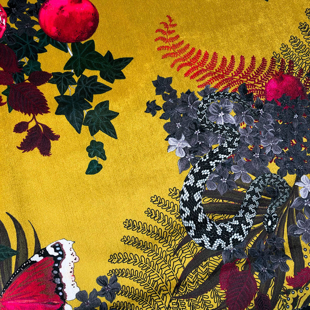 Yellow Fabric with Snakes Forbidden Fruit Velvet by Designer, Becca Who