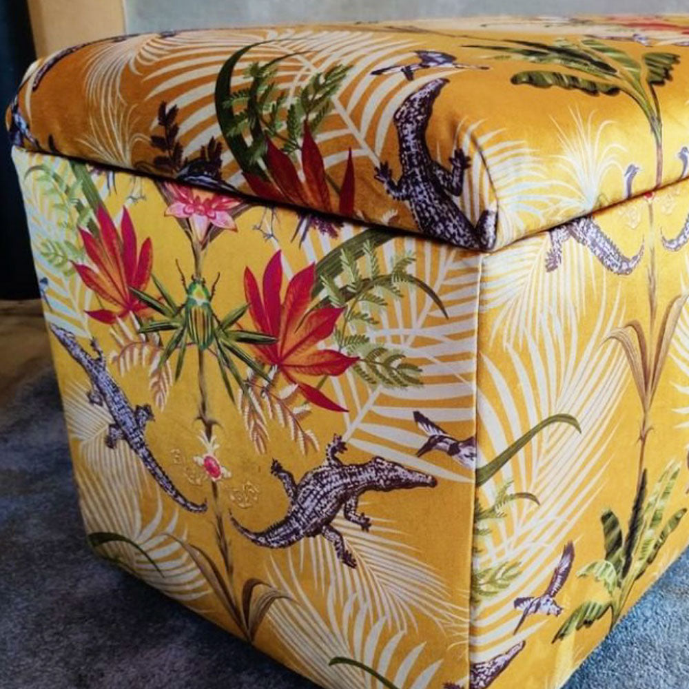 Yellow Velvet Fabric with Crocodiles by Designer, Becca Who on Ottoman by Seated Studio