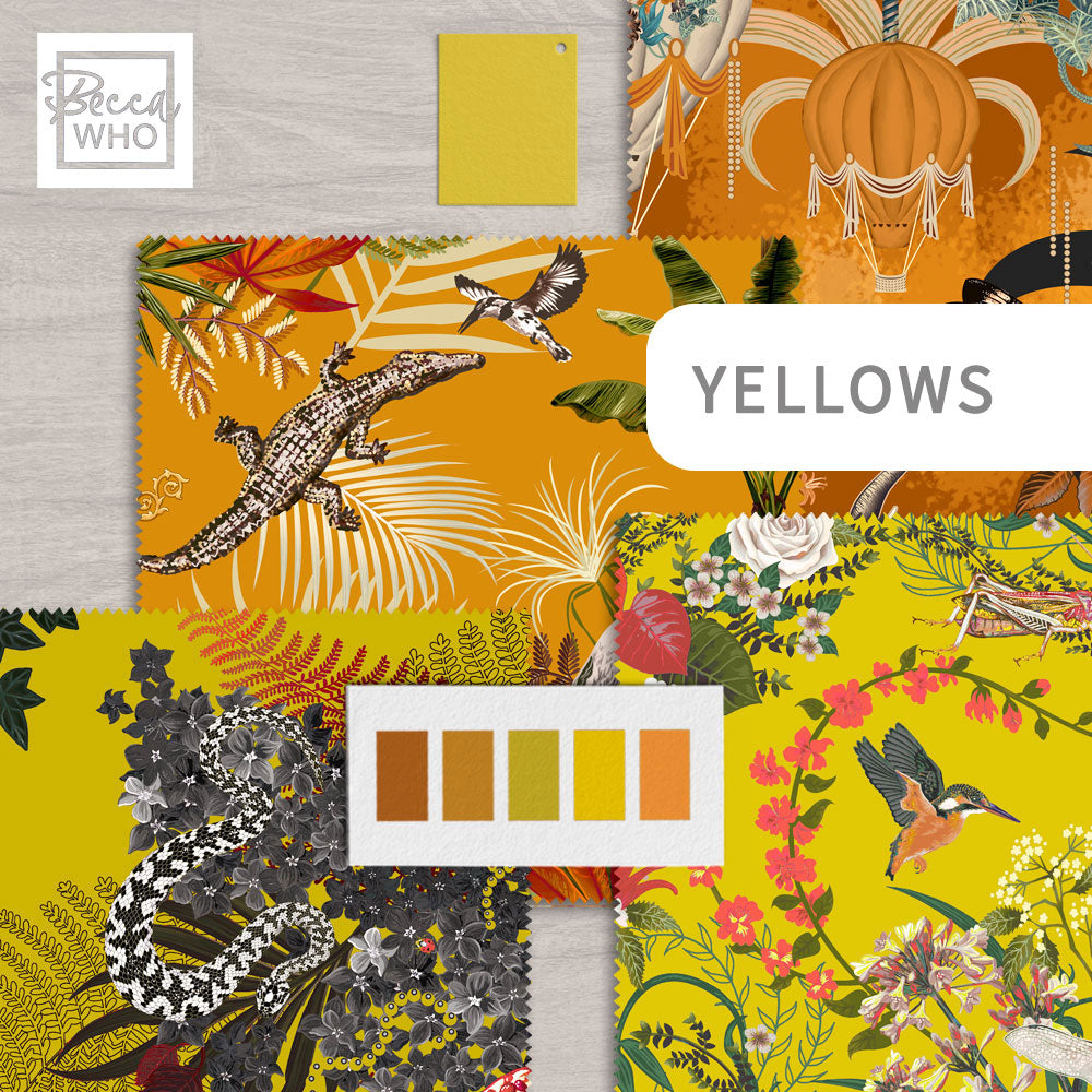 Yellow Patterned Fabrics for Interiors by British Designer, Becca Who