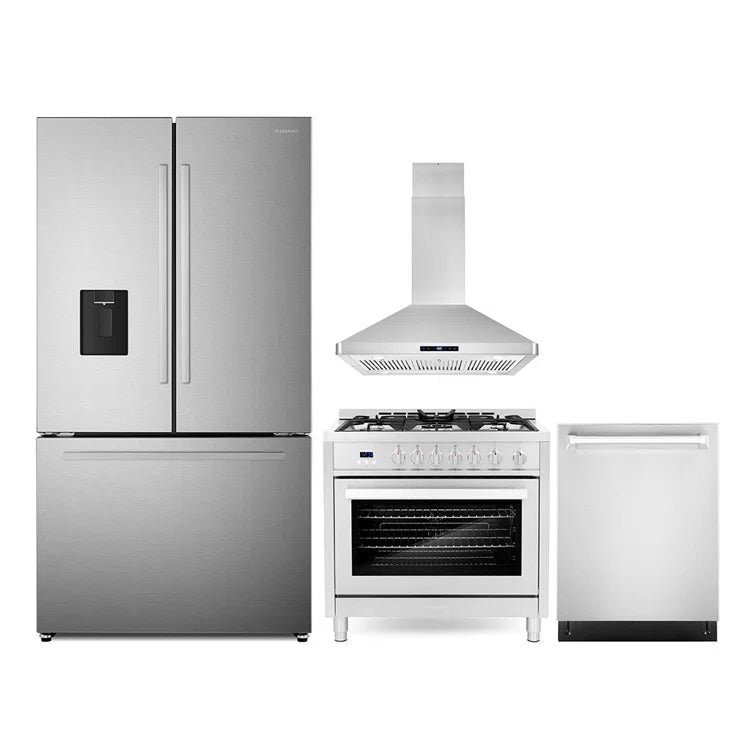 Cosmo 4PC Package 36″ Gas Range 36″ Island Mount Range Hood 24″ Dishwasher & 36″ French Door Refrigerator - COS-4PKG-728