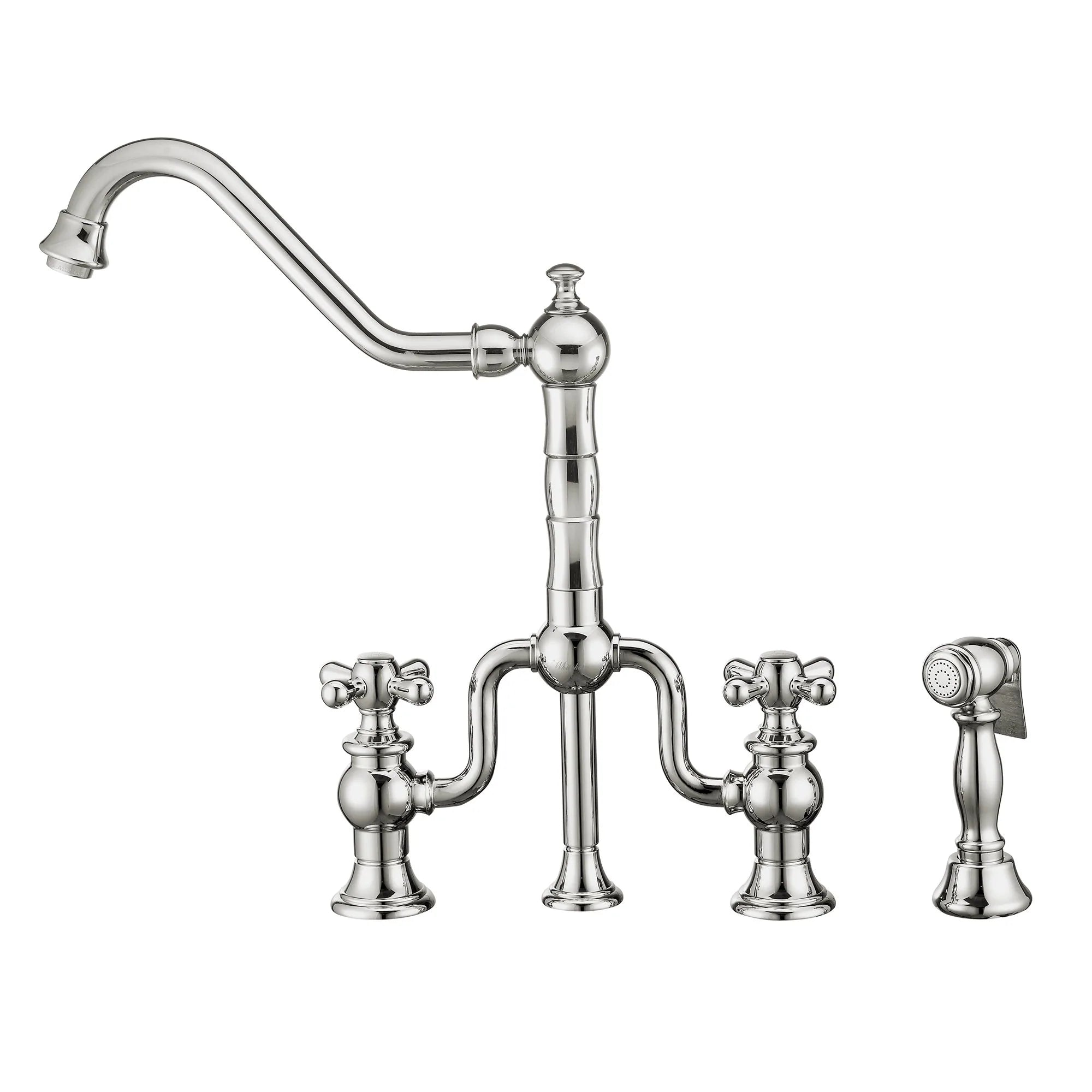 WHITEHAUS Twisthaus plus Bridge Faucet with Long Traditional Swivel Spout, Cross Handles and Solid Brass Side Spray - WHTTSCR3-9771-NT